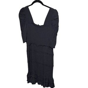 Versona Black Dress Smocked Ruffle Trim Square Neck Puff Sleeve Party Medium